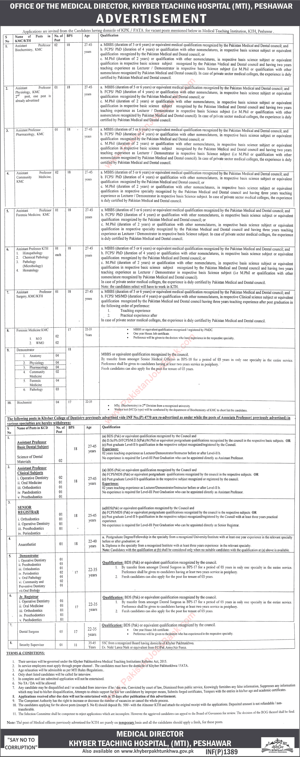 Khyber Teaching Hospital Peshawar Jobs April 2016 KMC / KTH / MTI